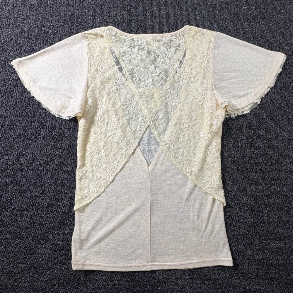 Miss Me Rhinestone Lace Back Flutter Sleeve Top Wome's M Cream Graphic - Picture 3 of 8